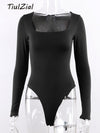 Square Collar Long Sleeve Body-con Bodysuit